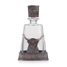 Stunning Chocolate Bronze Pewter Highland Cow And Thistle Glass Whisky Decanter