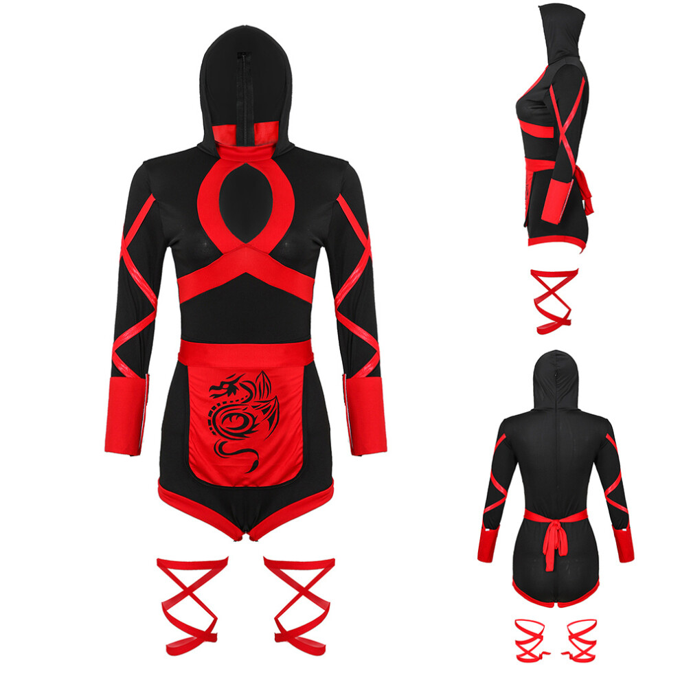 (2XL) Women Ninja Cosplay Hooded Romper Bodysuit Fancy Dress Halloween Party Costume