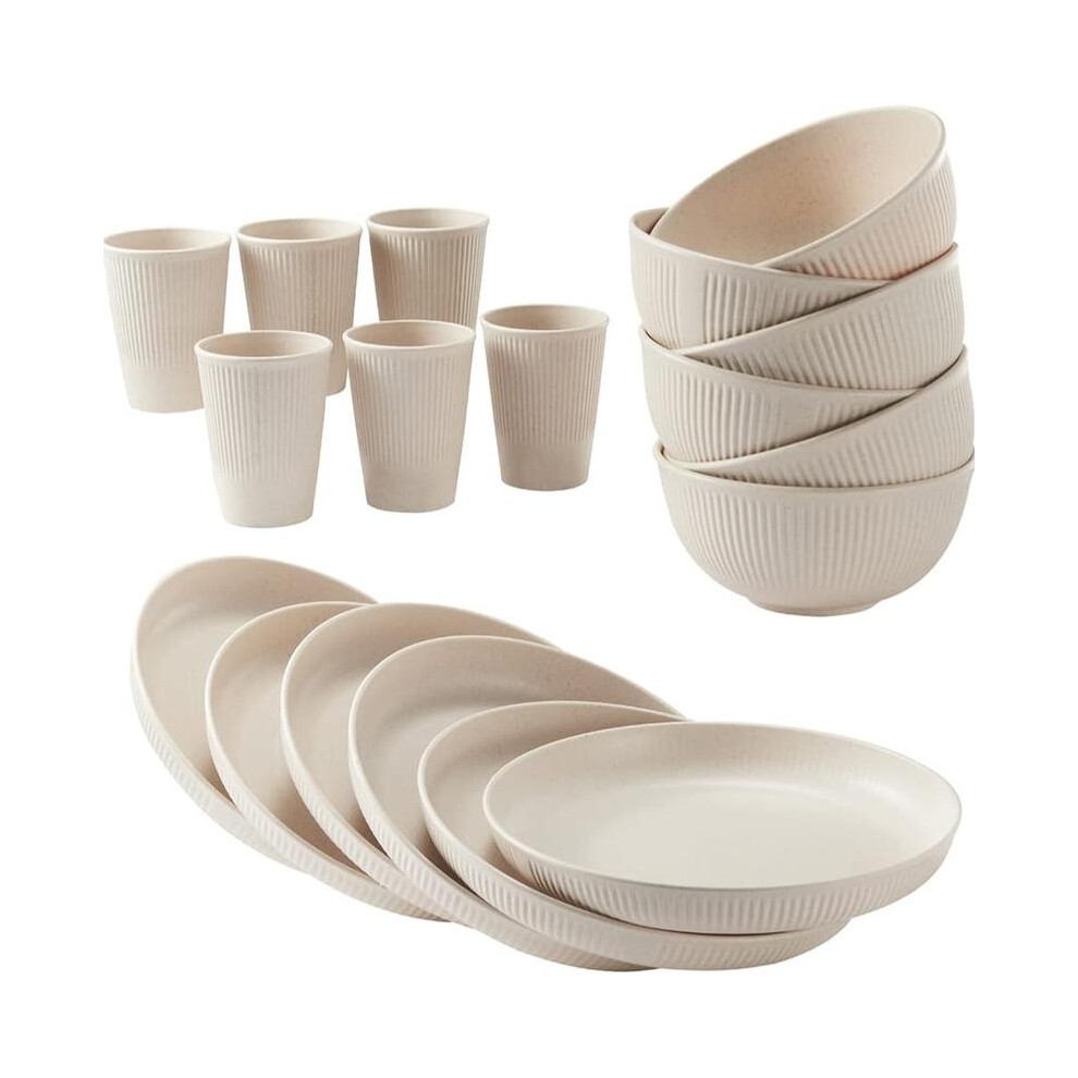 (Beige) Wheat Straw Dinnerware Sets VegiMax Unbreakable Reusable Dinnerware Set Kitchen Cups Plates and Bowls Sets Dishwasher Microwave Safe Plates Ta