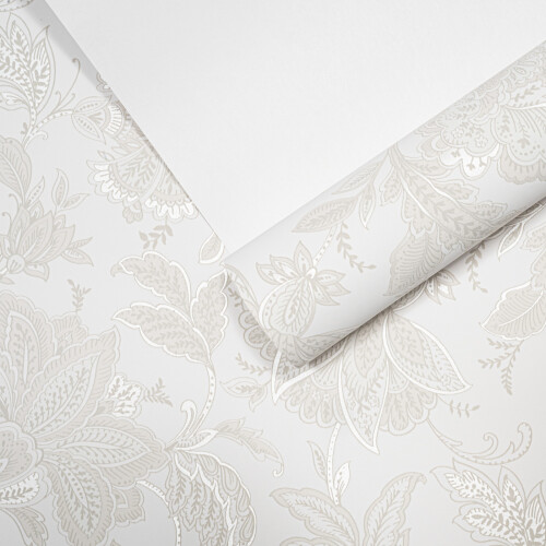White Beige Damask Floral Silver Shimmer Smooth Wallpaper 1