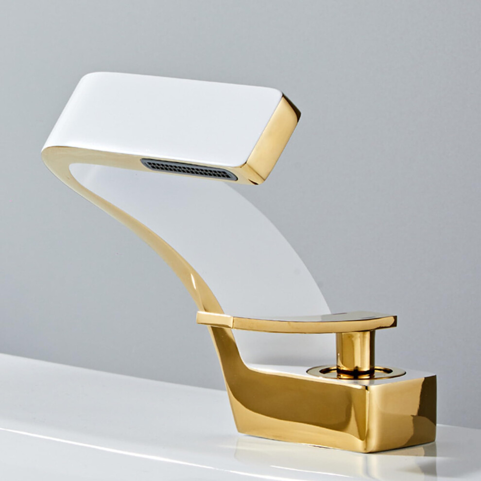 Modern Waterfall Faucet For Sink, Brass One-Handle Mixer, White And Gold Finish, Contemporary Bathroom Fixture 6447073961731