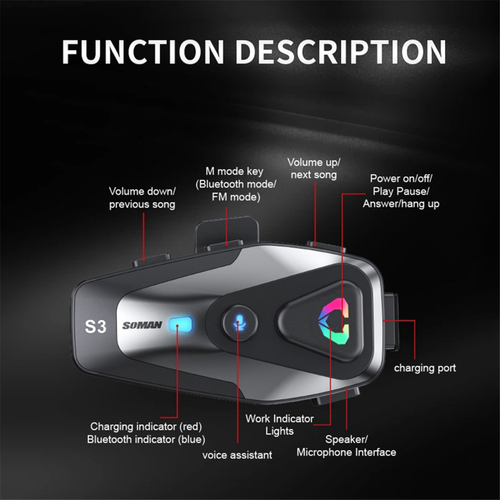 Helmet Bluetooth Headset Bt5.3 Ipx6 1000Mah Stere 4854006757569