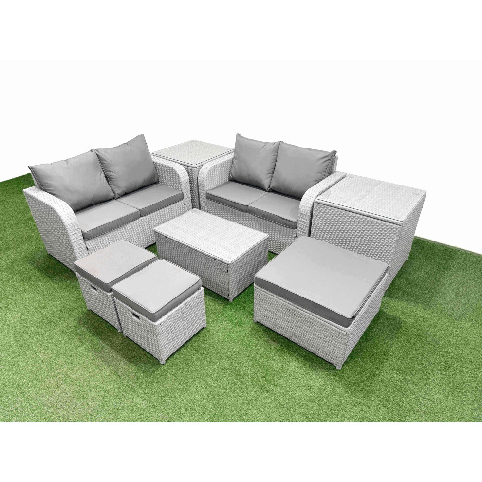 B&Q - 7 Seater Outdoor Love Sofa Set Rattan Garden Furniture Set Rectangular Coffee Table 3 Footstool 2 Side Tables Light Grey - Image 2