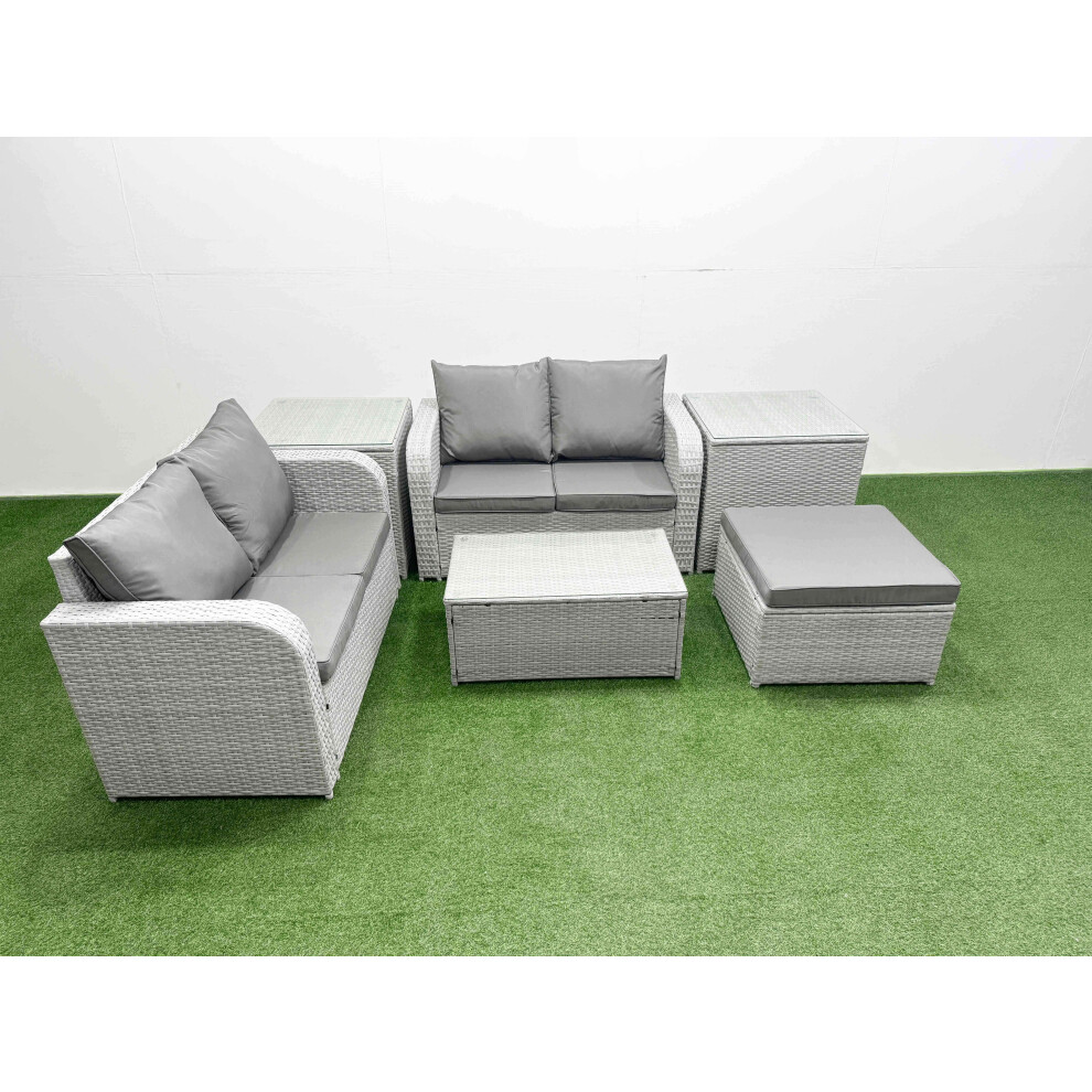 Fimous Light/Grey 5 Seater Outdoor Love Sofa Set Rattan Garden Furniture Set With Rectangular Coffee Table Big Footstool 2 Side Tables - Image 2