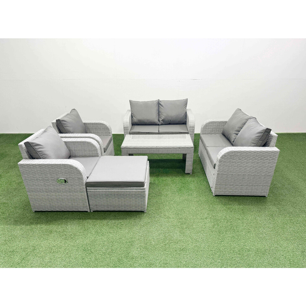 Fimous 7 Seater Outdoor Reclining Chair Love Sofa Set Rattan Garden Furniture Set With Oblong Coffee Table Footstool Light Grey