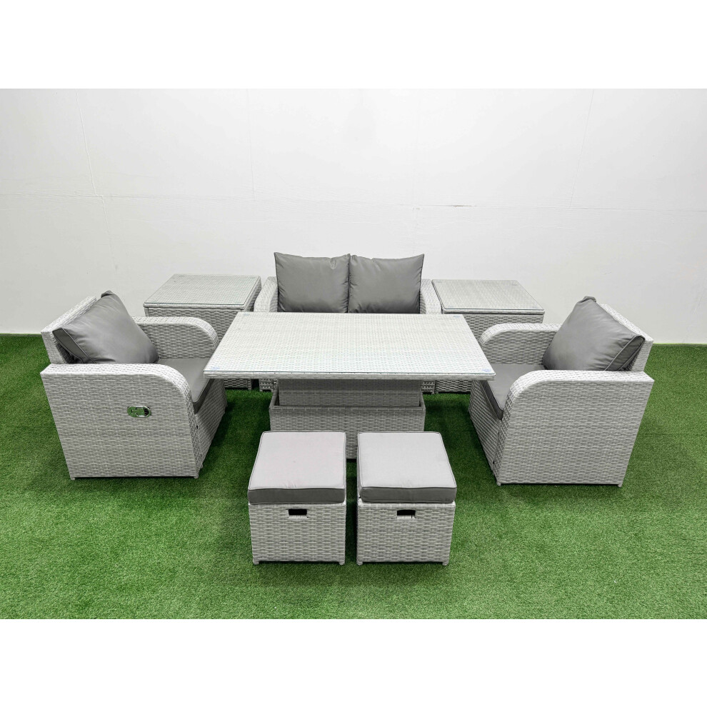 Fimous Light Pe Wicker Rattan Garden Furniture Setadjustable Lifting Dining Or Coffee Table 6 Seater 2 Small Stools 2 Side Table Grey