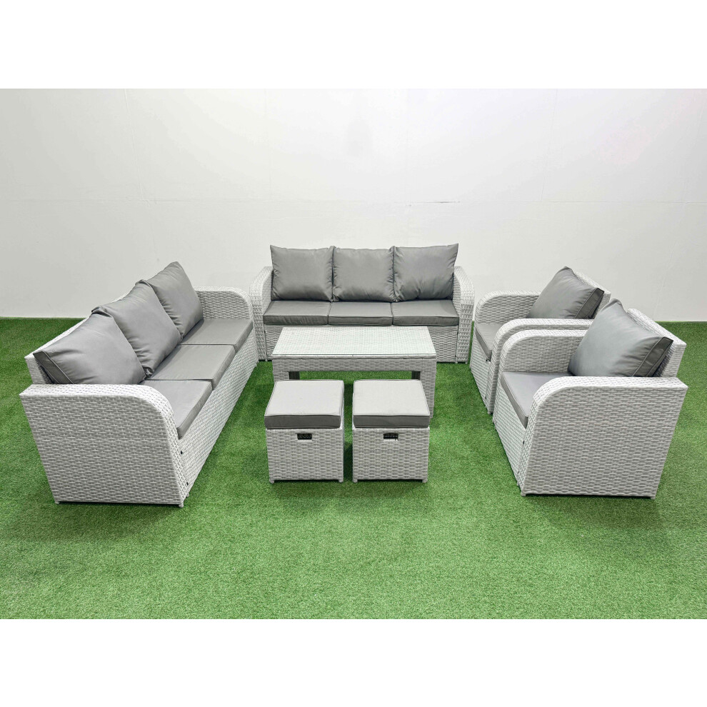 Fimous Pe Rattan High Back Lounge Sofa Set Patio Oblong Coffee Table & Chairs Set With Stools Light Grey