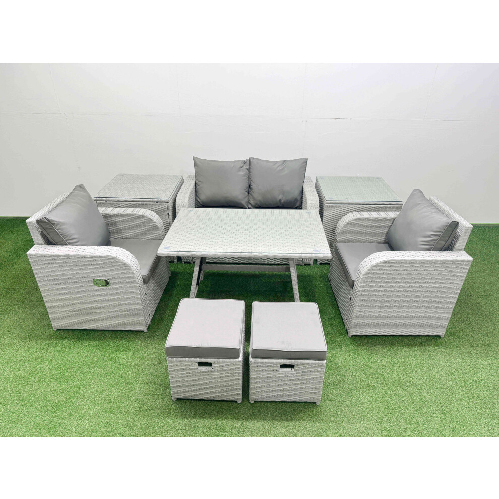 Fimous Light Grey Pe Wicker Rattan Garden Furniture Set Sofa Set Reclining Chair Love Sofa Rectangular Dining Table 2 Small Stools 2 Side Tables