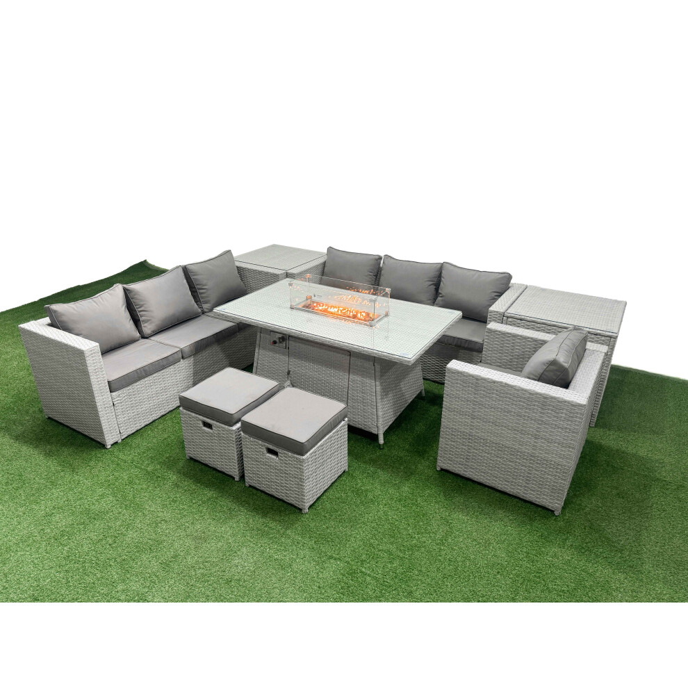 Rackhams Light/Grey 9 Seat Pe Rattan Lounge Sofa Set Outdoor Garden Furniture Set With Fire Pit Dining Table 3 Seater Sofa 2 Small Stools 2 Side Tables - Image 2