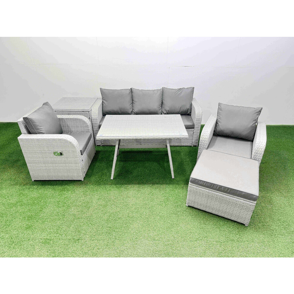Fimous Reclining Chair 3 Seat Sofa Set Garden Furniture Set With Rectangular Dining Table Side Table Big Footstool Light Grey