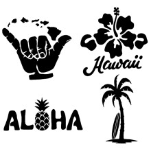 Hawaii Decal 4 Pack: Hang Loose Islands Hawaii Hibiscus Aloha Pineapple Palm Tree Surf Board (Zwart Klein ~3,5"")