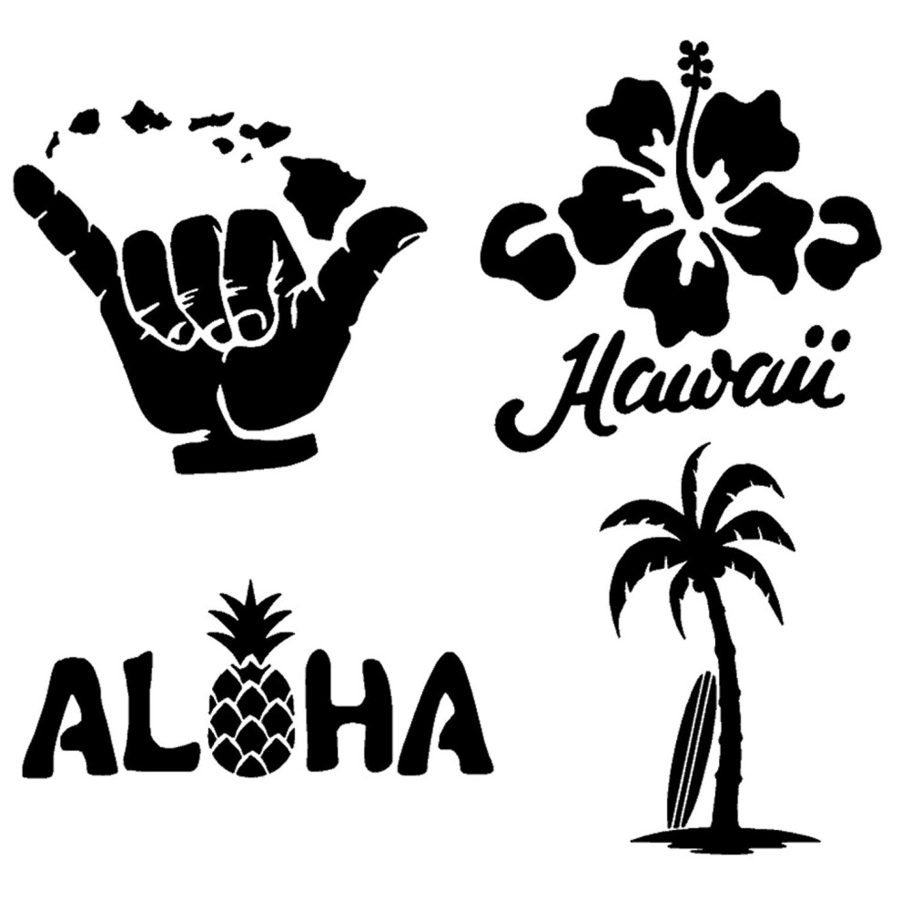 Hawaii Decal 4 Pack: Hang Loose Islands Hawaii Hibiscus Aloha Pineapple Palm Tree Surf Board ( Small ~3.5"""") Black 810064211133