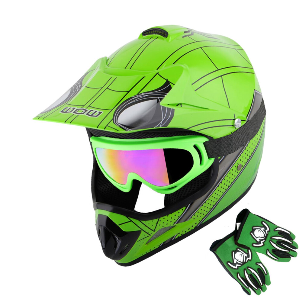 WOW Youth Kids Motocross Helmet BMX MX ATV Dirt Bike Helmet Spider Green + Goggles + MG Youth Green Glove Bundle-image-OPC-PFKV92D-NEW