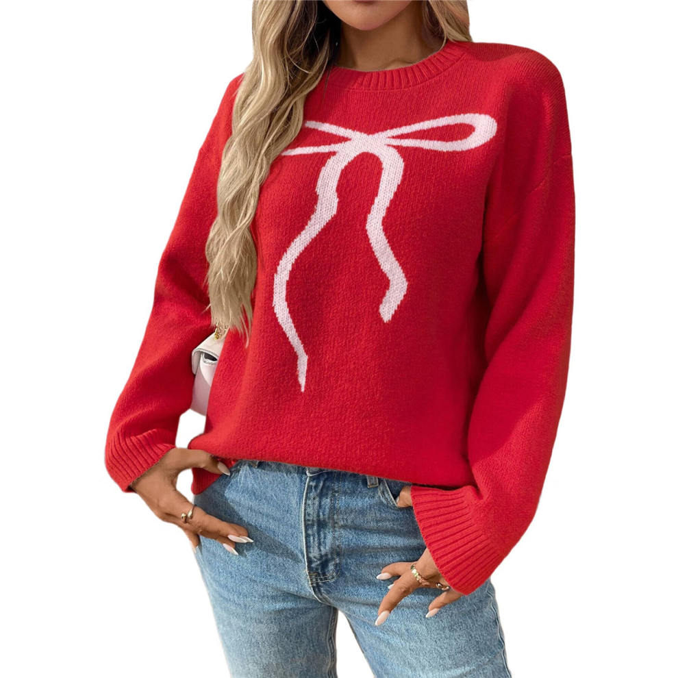 Womens Cute Bow Knit Sweater Red M-image-OPC-PJYCBYP-NEW