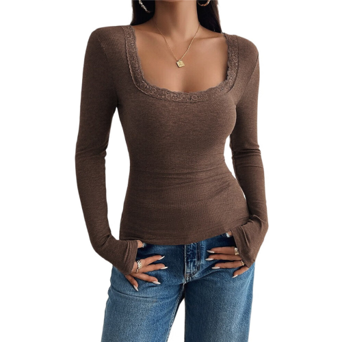 Square Neck Ribbed Knit Basic Teen Brown XL 1
