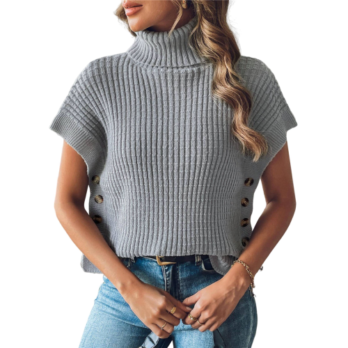Womens Cap Sleeves Turtle-neck Sweater Grey One size 2