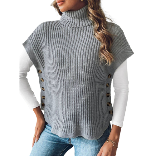 Womens Cap Sleeves Turtle-neck Sweater Grey One size