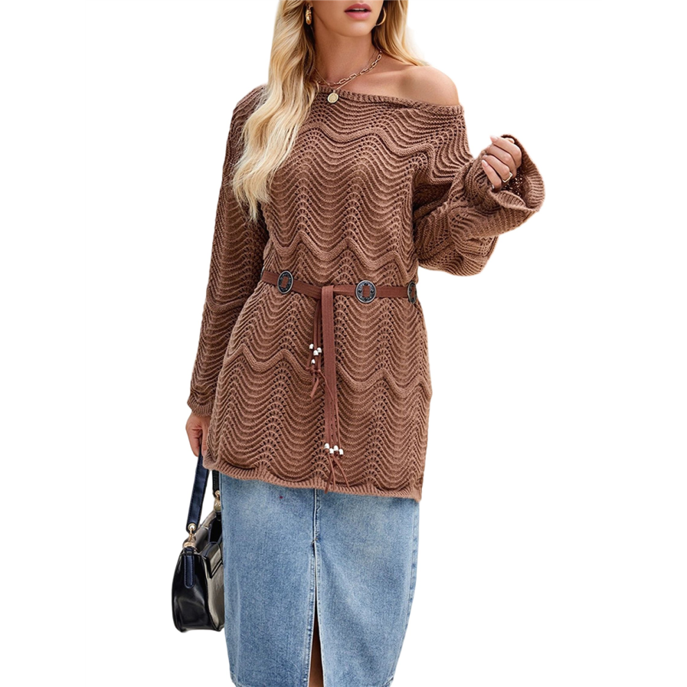 Women Shirts Knit Off-Shoulder Sweater Brown XL-image-OPC-PJYCDYK-NEW