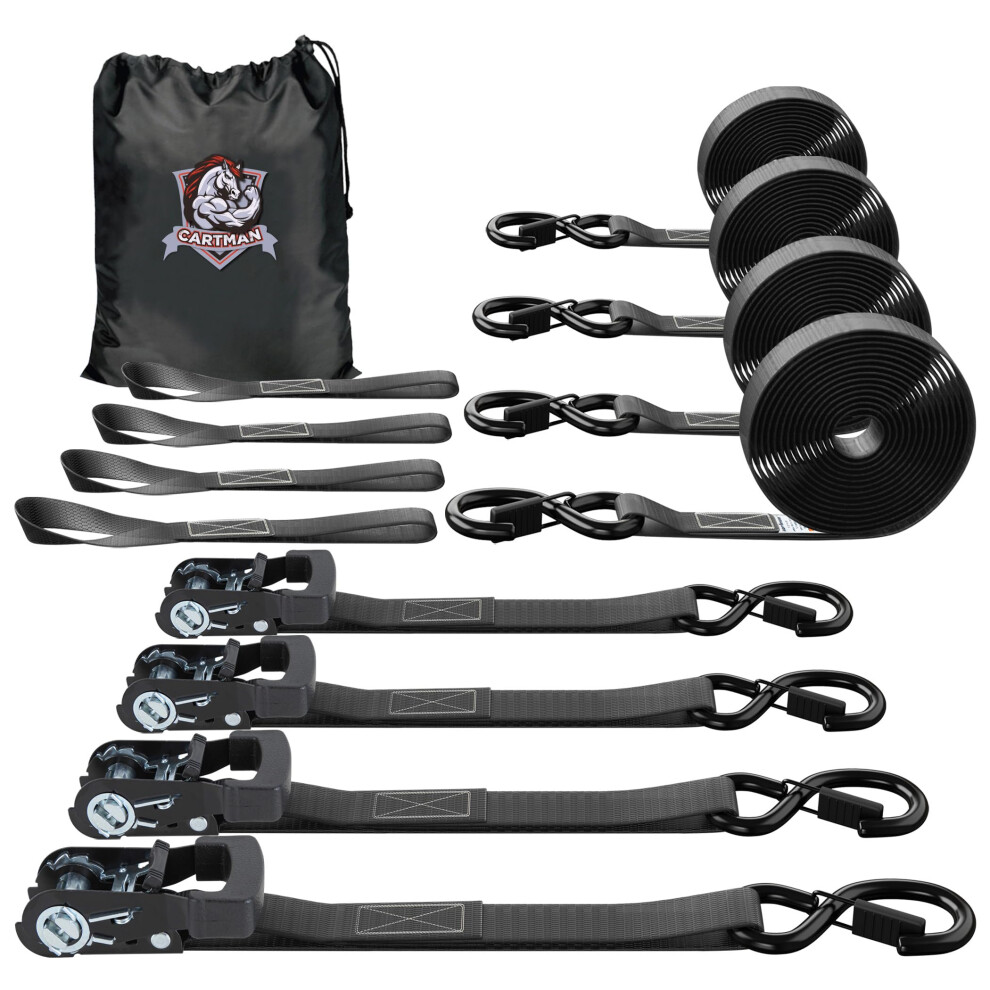 4-Pack 1"""" X 15Ft Ratchet Straps With S Hooks 1500 Lbs Break Strength Heavy Duty Tie Down Straps For Truck Motorcycle Cargo 4Pk Loops Black 6943536327064