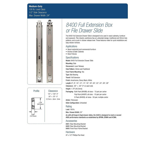 Knape & Vogt Side Mount Full Extension Drawer Slide 8-tommer par 1