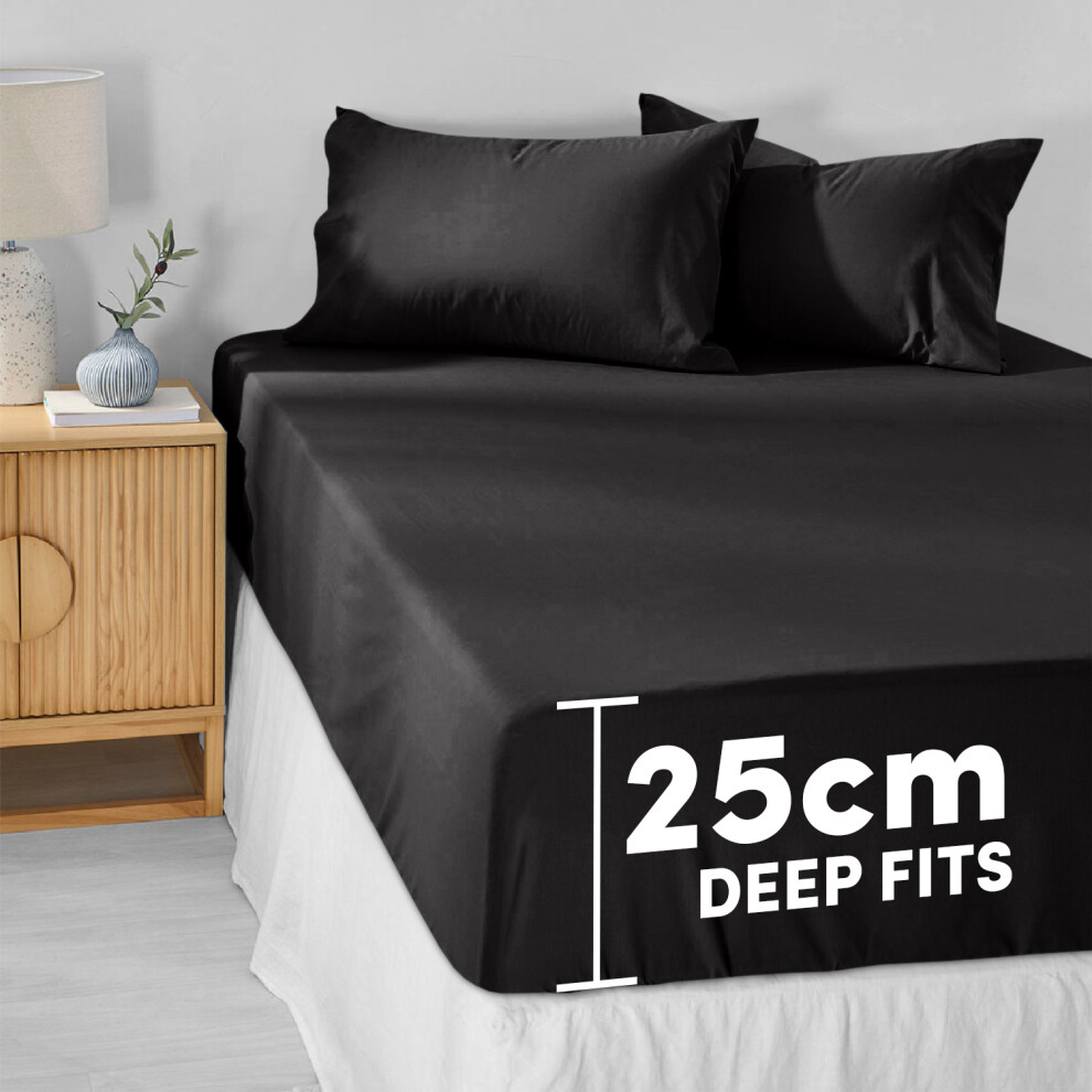 (Black, Double- 137x190cm) Fitted Bed Sheet Extra Deep 25cm Single Double King Bed Sizes-image-OPC-PJYQPK6-NEW