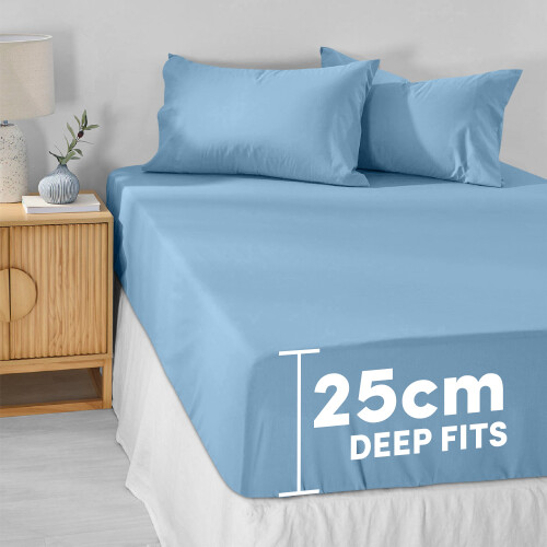 (Sky Blue, Double- 137x190cm) Fitted Bed Sheet Extra Deep 25cm Single Double King Bed Sizes