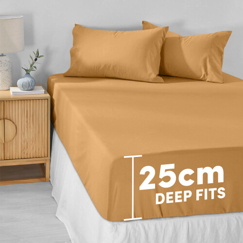 (Ochre, Double- 137x190cm) Fitted Bed Sheet Extra Deep 25cm Single Double King Bed Sizes