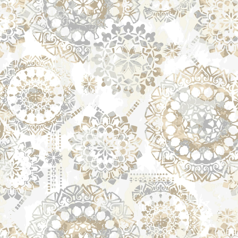 Roommates Rmk9122wp Tan And Gray Boho Medallion Peel And Stick Wallpaper 20.5X 16.5 Feet 034878466743