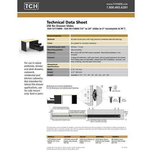 Hardware TCH Corredias de gaveta de ao para servios pesados ????de 16 polegadas e 250 lb - 3/4"""" de largura - extenso total com deslocamento 2
