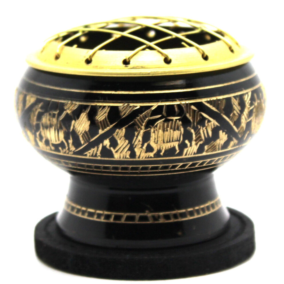 Govinda Small Decorated Brass Charcoal Screen Incense Burner with Wooden Coaster-image-OPC-PJYF8RK-NEW