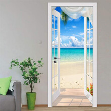 3D Door Wallpaper 3D Door Murals Peel and Stick 2Pcs Waterproof Decal Villa Sea View Door Wallpaper for Home Decoration Bedroom Living Room Bathroom