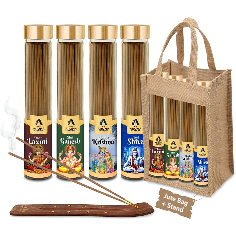 The Aroma Factory Laxmi Ganesh Krishna & Shiva Agarbatti for Pooja Luxury Incense SticksBottle Pack of 4 x100g Jute Gift Set with Wooden Holder-image-OPC-PJYFFGD-NEW