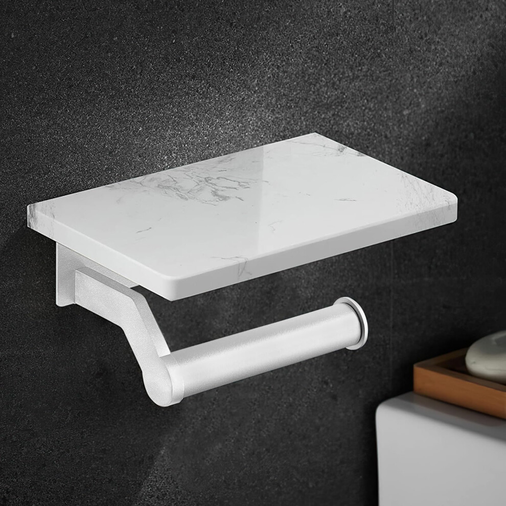 Hoimpro Brushed Silver Aluminum Toilet Paper Holder with White Natural Marble Shelf Wall Mounted Tissue Hand Paper Roll Storage Holder for Bathr-image-OPC-PJYFGK8-NEW