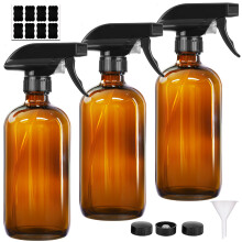 PrettyCare 3 stuks 8 Oz amberkleurige glazen spuitflessen, hervulbare lege spuitflessen met verstelbare spuitmond en etiketten voor reiniging, lekvri