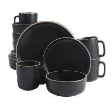 Gibson Home Zuma 16 Piece Round Kitchen Dinnerware Set Dishes Plates Bowls Mugs Service for 4 Matte Stoneware Black