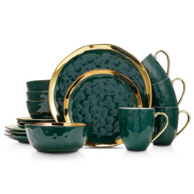 Stone Lain Florian Modern Porcelain 16 Piece Dinnerware Set Plates and Bowls Set Dish set for 4 Green and Golden Rim
