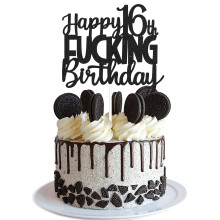 Dcoration de gteau d'anniversaire Happy 16th Fuxking, fournitures de gteau amusantes paillettes noires, douces, dcoration de gteau de 16e