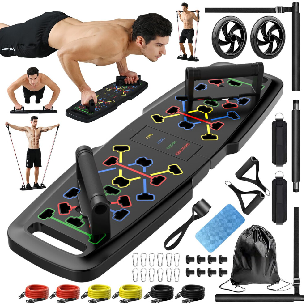 Push Up Board Home Gym Portable Exercise Equipment Pilates Bar and 20 Fitness Accessories with Resistance Bands and Ab Roller Wheel Full Body Wor