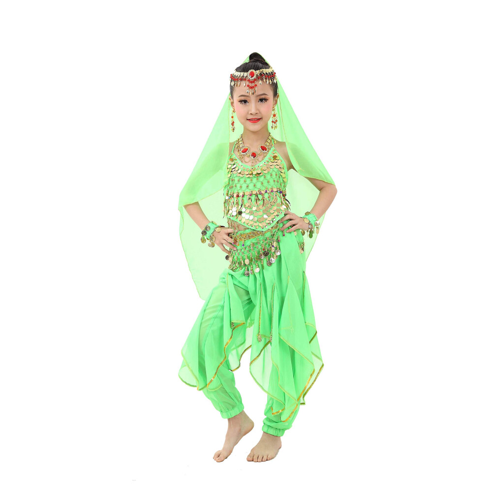 Cielary Kids Girls Taniec Brzucha Halter Top Harem Pants Kostium Zestaw Halloween Strj Z Welonem Na Glowe Lancuszek W Talii I Bransoletki (Zielony M-image