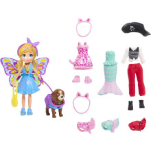 Polly Pocket Doll & Accessories Masque N Match-Kostümpaket mit 3-Zoll-Kleinpuppen-Haustier, 4 Kostüme für Puppe und Haustier