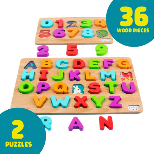 Chuckle & Roar Wooden Puzzle ABC and 123 Theme 2 Pack 1