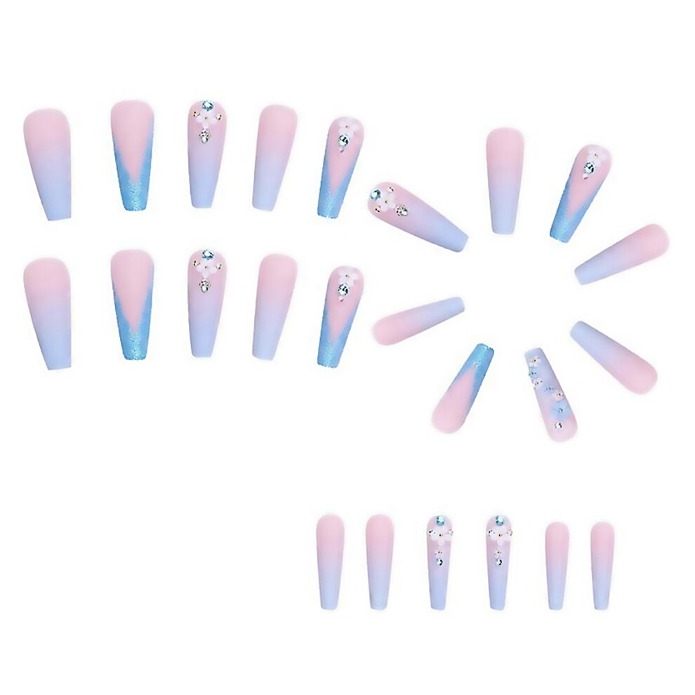 Pink/Blue For 24Pcs Gradient Camellia False Nails Detachable Manicure Glitter Nails