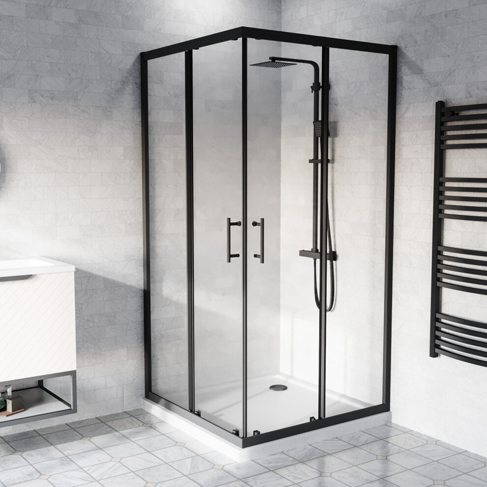 Nes Home 760 x 760mm Corner Entry Sliding Door Shower Enclosure With Tray Black