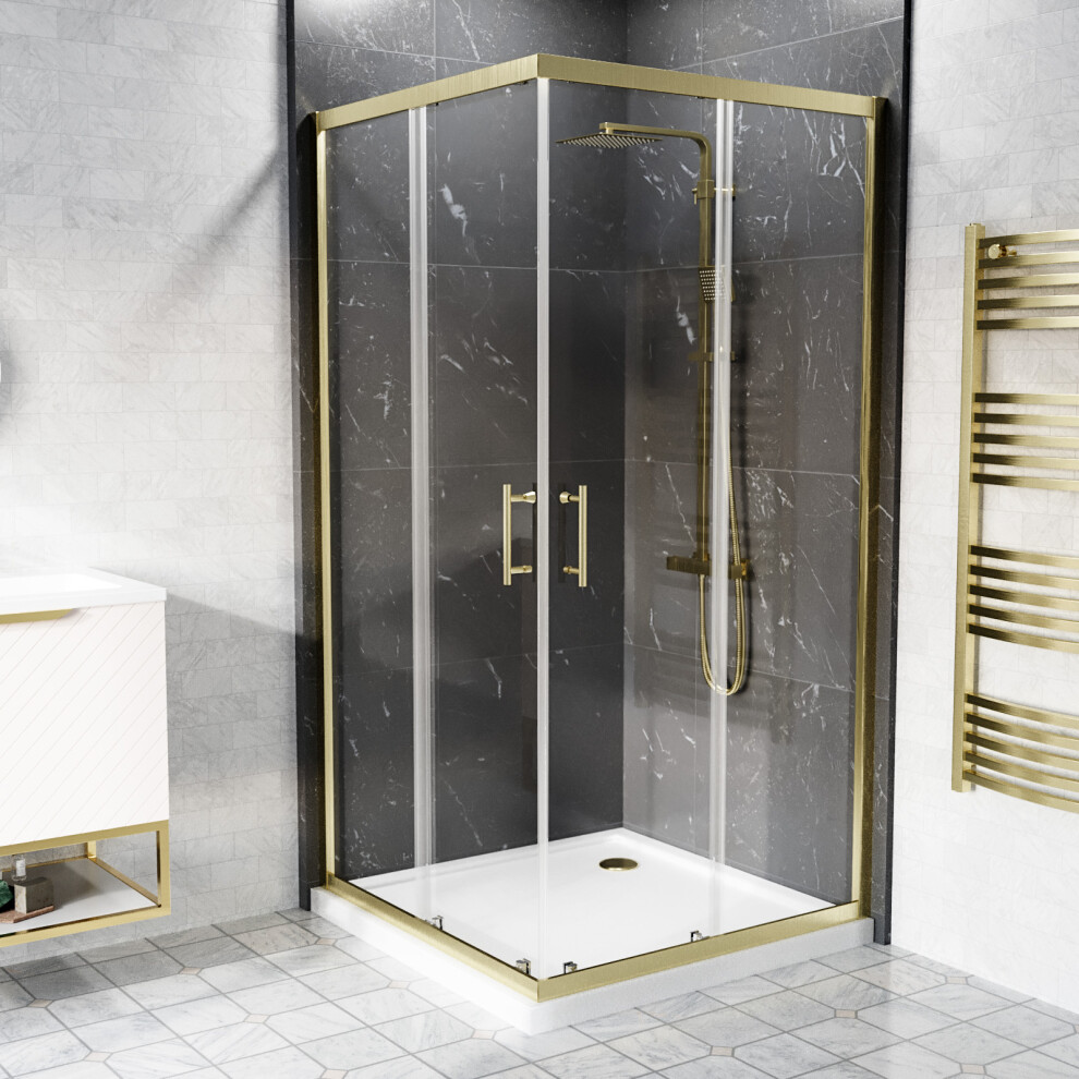 Nes Home 900 x 900mm Corner Entry Sliding Shower Enclosure Tray Brushed Brass