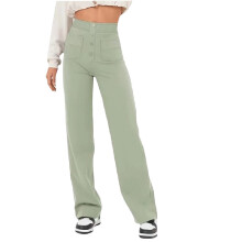(Pea Green,L)Pantalone donna gamba dritta multitasche vita alta elasticità colore tinta unita