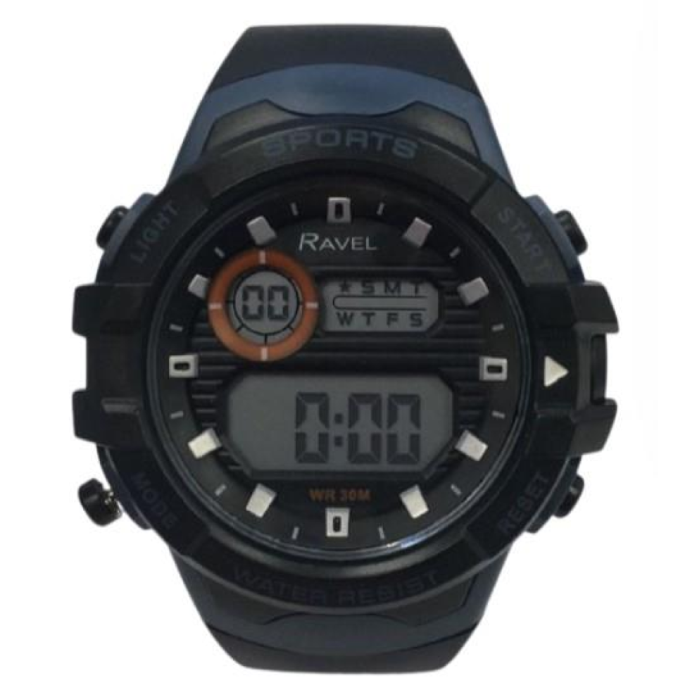 Ravel Mens 3Atm Digital Sports Black/Blue Watch Rdg.14.32
