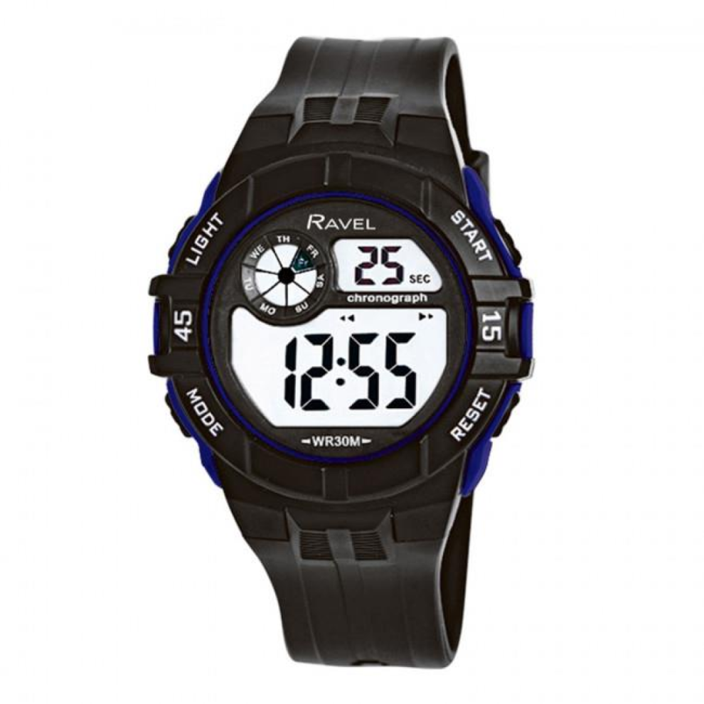 Ravel Mens 3Atm Digital Sports Black/Blue Watch Rdg.14.15