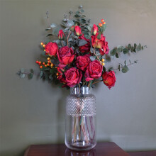60cm Red Rose and Eucalyptus Glass Diamond Vase