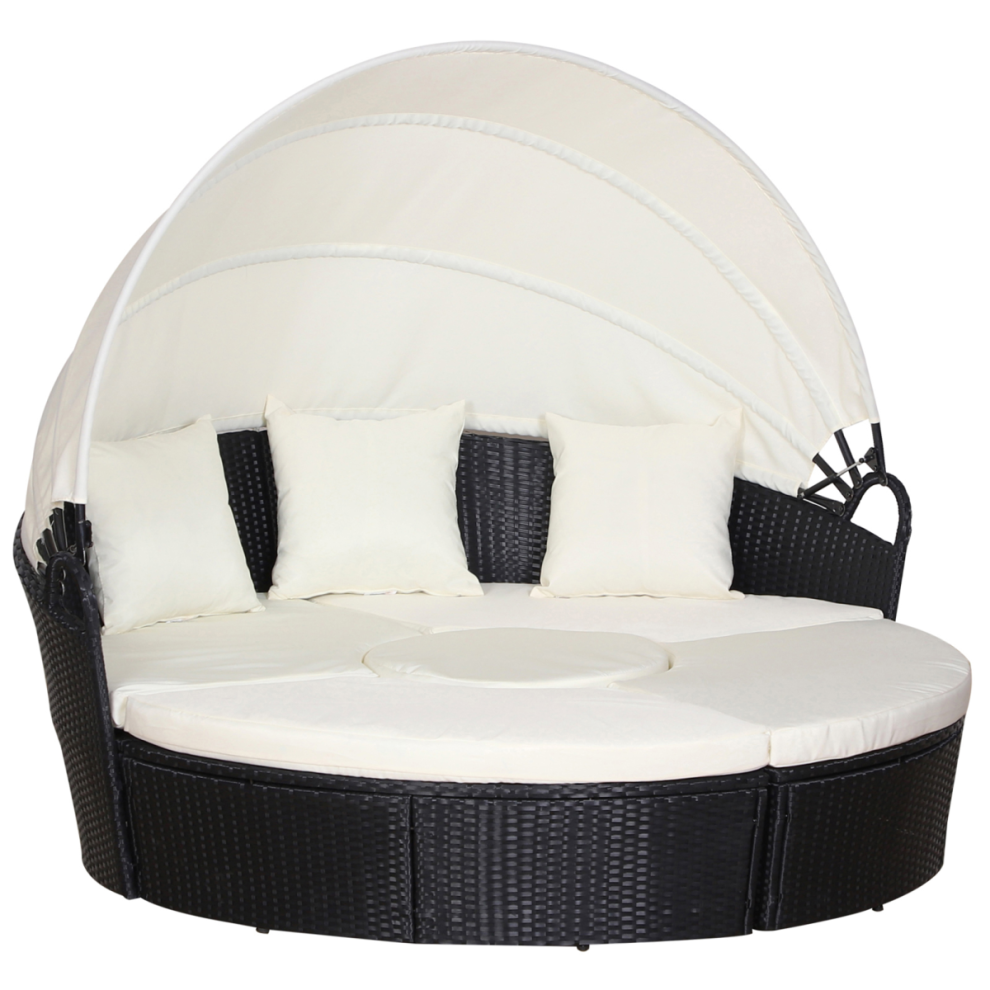 PE Rattan 5-Piece Outdoor Garden Round Sofa w/ Canopy Black