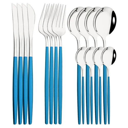 16Pcs Blue Silver Dinnerware Stainless Steel Cutlery Set